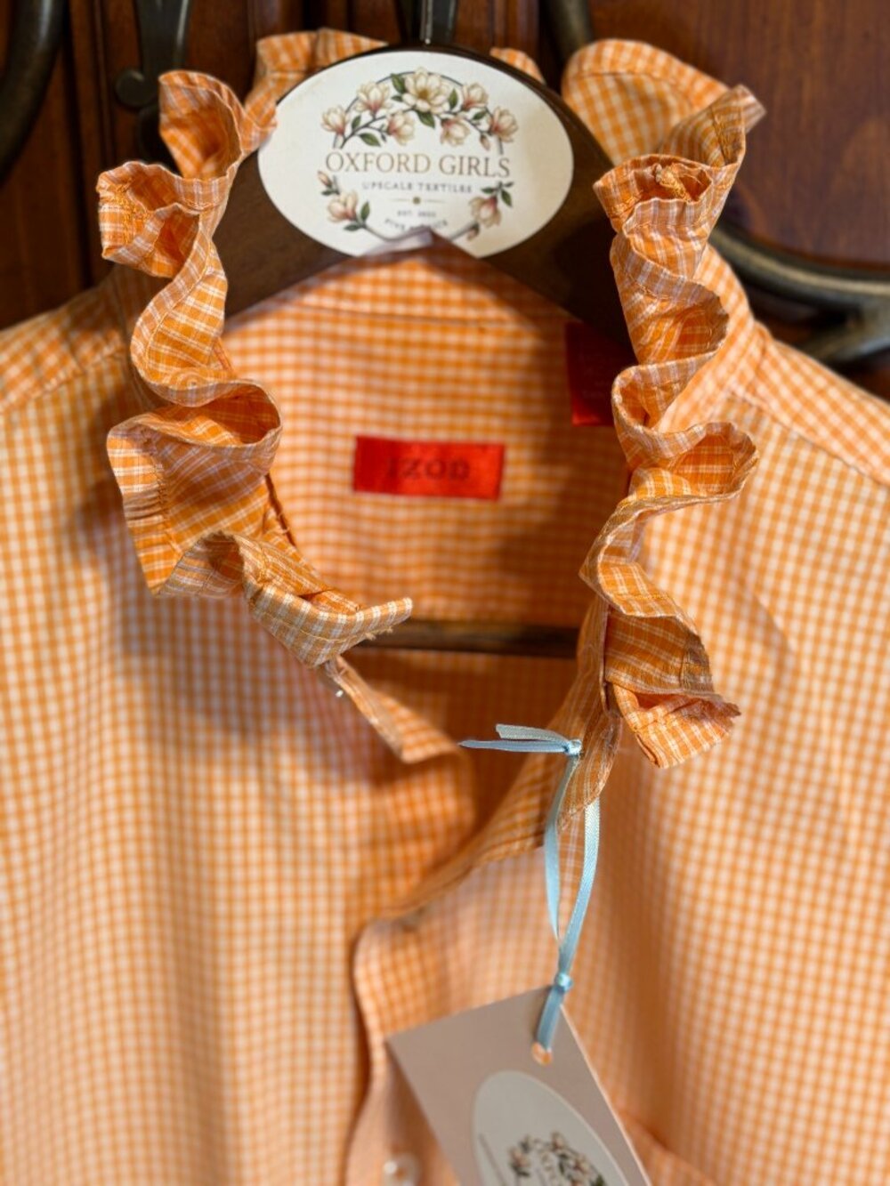 Upcycled Orange Check Ruffle Collar Oxford Blouse | Women’s Size Large